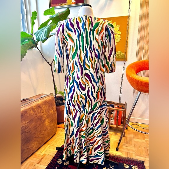 80s/90s True Vintage Rainbow Zebra Print Linen Drop Waist Dress - Picture 5 of 10